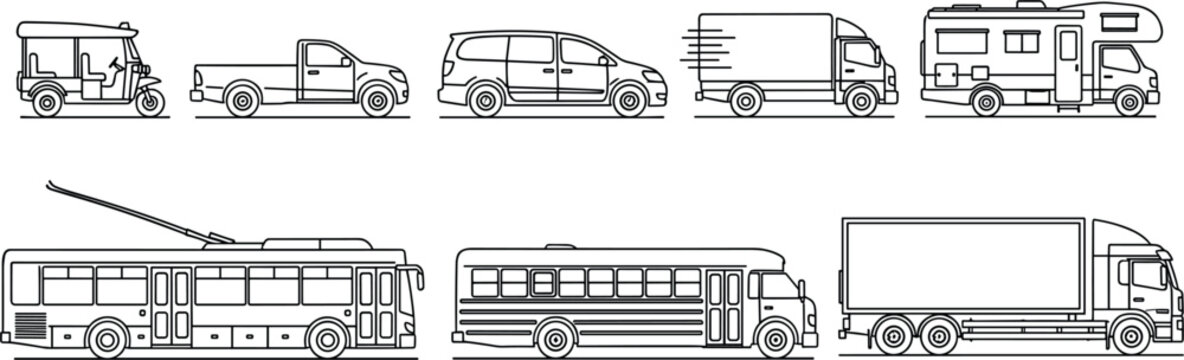 Commercial land transportation and public transit thin line icon set featuring tuk tuk pickup truck minivan delivery van camper caravan trolleybus school bus and semi trailer truck vectors