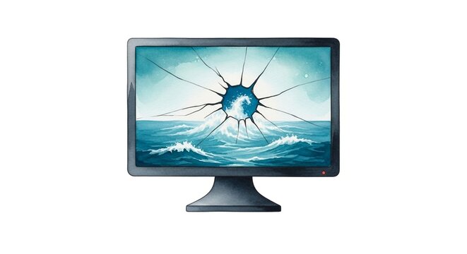 Computer Screen Displaying Cracked Ocean Wave Artwork Design