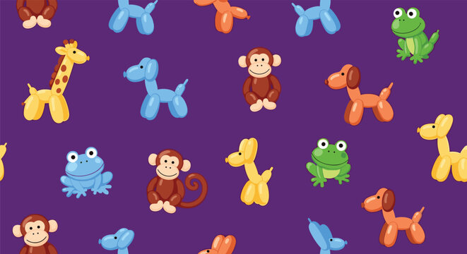Fun balloon animal seamless pattern featuring cute monkeys dogs giraffes and frogs on a vibrant purple background for party decorations.