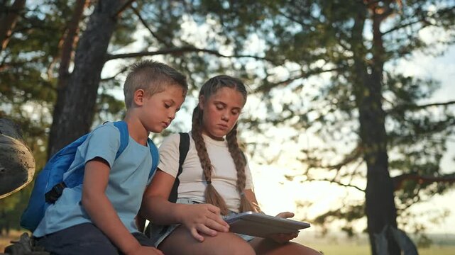 Girl shows screen to boy in forest. Children sit on fallen tree using tablet. Outdoor sibling learning experience. Forest tablet children sit. Device in hands of children during outdoor break.