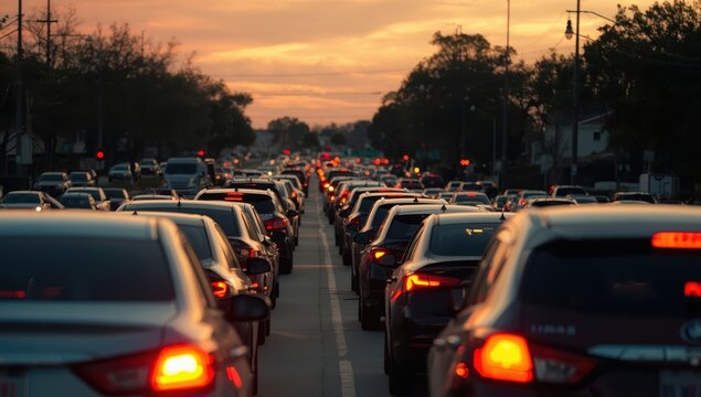 Obscured line of vehicles halted at a traffic signal in Irving, Texas. Red brake lights visible. Common rush hour traffic scene at sunset. Artistic transportation backdrop. Retro feel.
