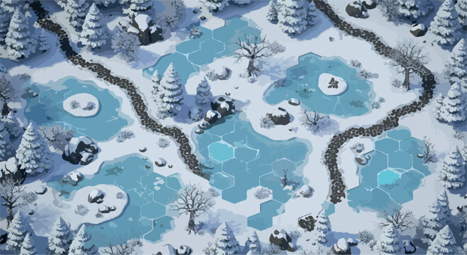 Isometric winter game map with frozen lakes and snowy pine forest, hexagonal grid level design for strategy gaming, arctic wilderness landscape vector