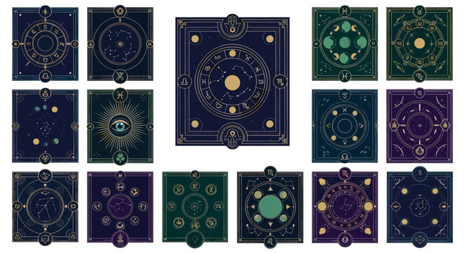 A grid of fifteen square astrological charts and moon phase diagrams featuring intricate geometric patterns and zodiac symbols in rich dark blue and deep green tones.