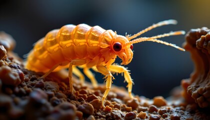 Fototapeta premium The image features a close up view of a small, orange colored arthropod with a segmented, shiny body and multiple legs, crawling across a rough, textured surface