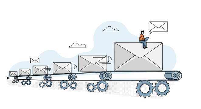 Conceptual illustration of an automated email system with person sitting on a large envelope moving on a conveyor belt.