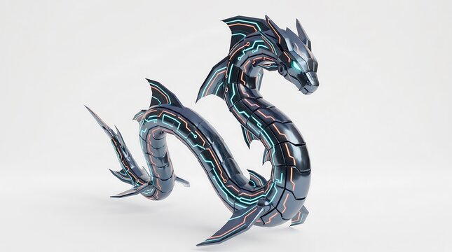 Cyber Leviathan 3D Render, Futuristic Sea Dragon Robot, Clean Background