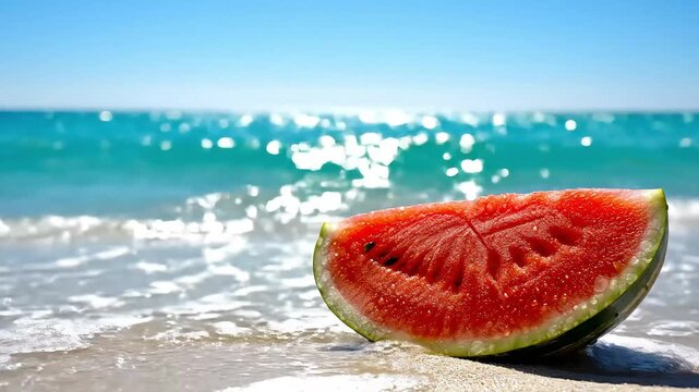 Watermelon Slice Near Ocean Wave Tropical Summer Concept