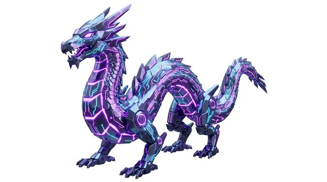 Cyber Dragon 3D Render, Futuristic Cyberpunk Purple Dragon, Clean Background