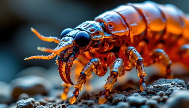 The image depicts a highly detailed close up of a small, segmented arthropod with a vibrant orange brown coloration