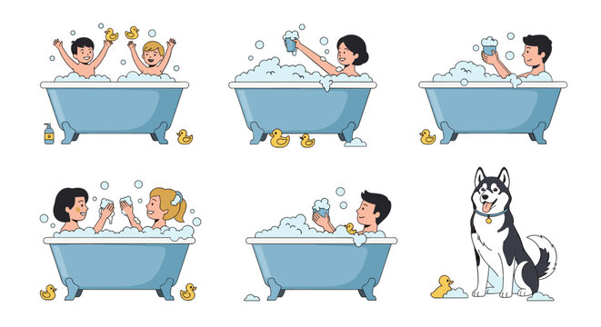 Relaxing bath scenes collection showing men women and children enjoying a bubble bath in a blue bathtub with a husky dog and toy ducks.
