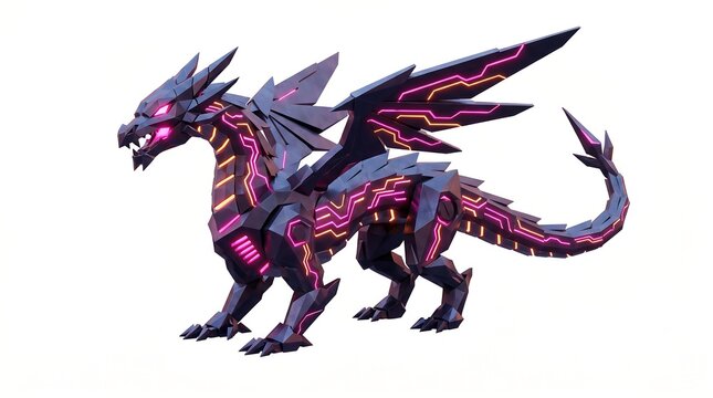 Cyber Dragon 3D Render, Futuristic Titanium Neon Pink Dragon, Clean Background