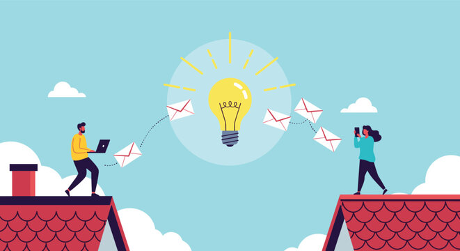 Creative people sending email messages from rooftops to a central lightbulb icon representing bright ideas and innovation.