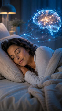 Woman sleeping bed glowing blue brain neural visualization vertical, sleep recovery memory consolidation, cognitive restoration night rest neuroplasticity wellness health concept.
