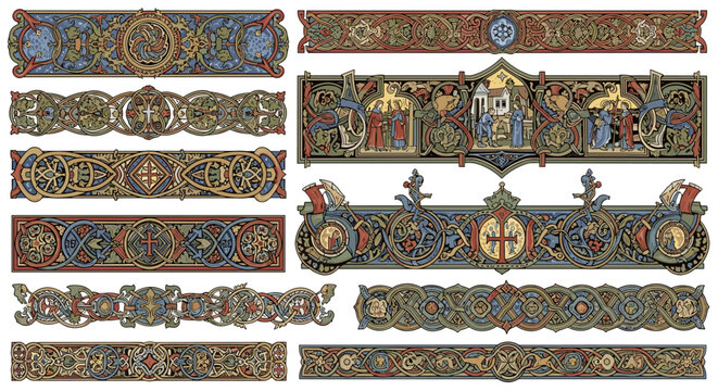 An assortment of horizontal rectangular borders featuring religious cross imagery and complex historical knot-work patterns with detailed artistic vignettes and vibrant colors.