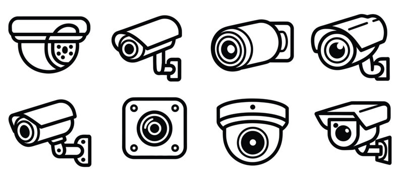 CCTV Camera Icon Set Vector Collection Showing Surveillance Equipment, Access Control Technology, Risk Prevention, and Protection Services