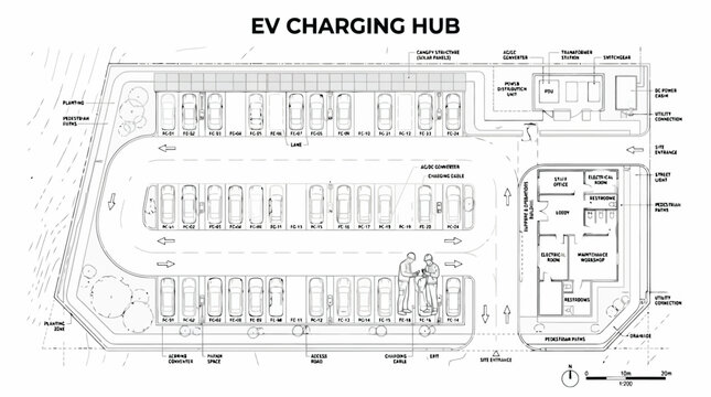 Architectural plan of an electric vehicle charging hub with detailed layout and labeling EV charging station