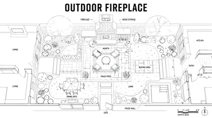 Fototapeta premium Architectural plan of an outdoor living space with fireplace patio and dining area architectural drawing