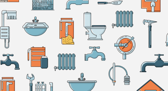 Seamless pattern background featuring various plumbing and heating fixtures such as sinks toilets taps radiators and professional tools.