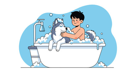 Obraz premium Young boy gives a friendly husky dog a bubbly bath in a white bathtub filled with soap suds on a blue circular background.