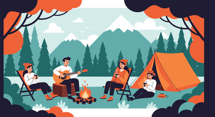 Fototapeta premium Friends enjoy a cozy camping trip in the mountains while sitting around a campfire, playing guitar, and drinking coffee near their tent.