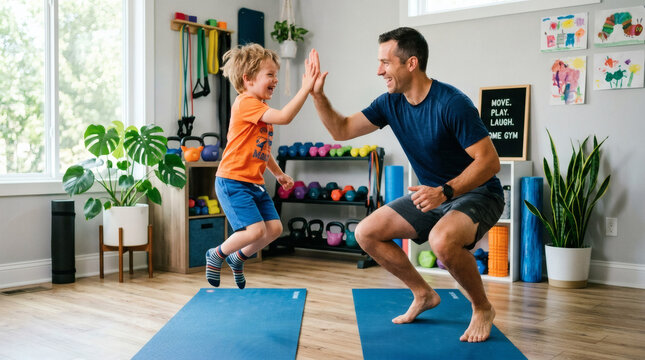 Father and son exercising together on yoga mats
