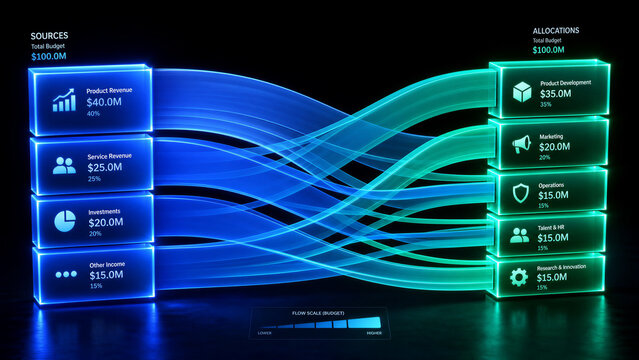 Sankey flow diagram showing budget allocation from sources to categories with glowing neon streams on dark background