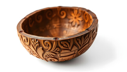 Fototapeta premium Circular dark brown wooden bowl featuring deep hand-carved floral and leaf patterns along the entire outer rim, isolated on a white background.