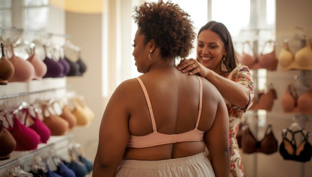 Significance of well-fitting bras. Bra fitter assisting curvy woman in finding ideal size. Rear view.
