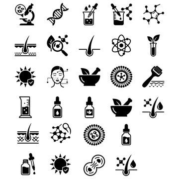 Laboratory skin cell anatomy matrix and medical epidermis diagnostic research charting symbols collection. Minimalist black silhouettes for molecule, microscope, pipette, and beaker.