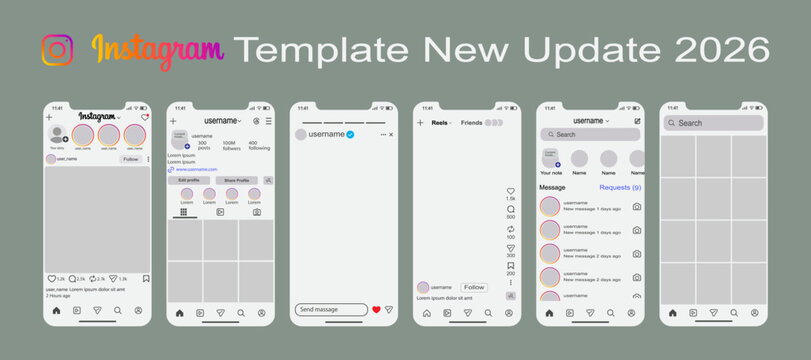 Instagram template new update 2026. Instagram Mobile App UI mockup featuring modern design set with post, home, story, notification, profile. Social media mockup interface for smartphone screen