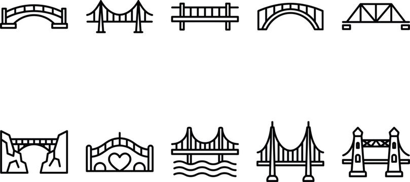 Bridge architecture line icon set featuring suspension bridges arch bridges overpasses truss structures water crossings and engineering vectors