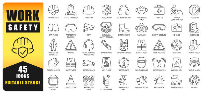 Risk Management Line Icon Set Featuring Editable Stroke Vector Symbols For Risk Assessment, Compliance, Security, Insurance, Financial Analysis, Alerts, Protection, Monitoring, And Business Strategy.