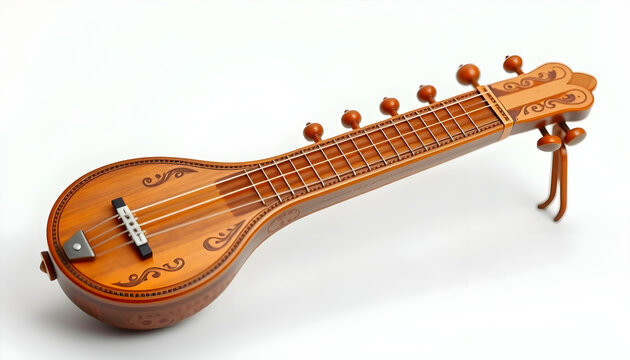 A close-up studio shot of the long wooden neck and tuning pegs of a traditional Indian string instrument, like a sitar or sarod, isolated on a white background.