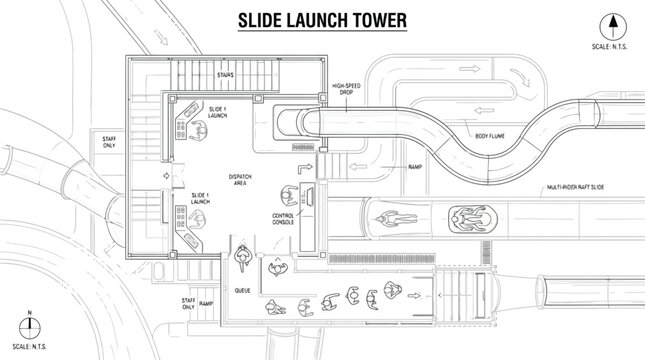 Blueprint of a slide launch tower with queue, dispatch area, and body flume architectural drawing technical drawing