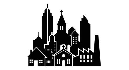 Obraz premium Black and white cityscape silhouette with diverse buildings and skyline