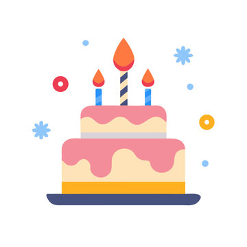 Delicious birthday cake with candles flat graphic icon birthday celebration frosting anniversary illustration delicious celebrate colorful