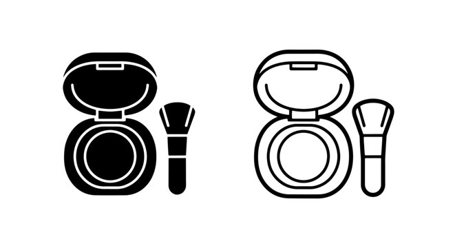 Open compact powder makeup case with brush icon. beauty cosmetics application