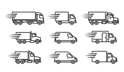 Set of fast moving delivery trucks and vans icons line art collection with delivery truck delivery transport © ROP
