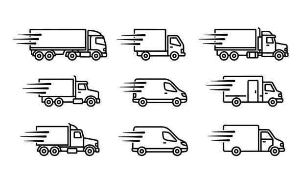 Set of fast moving delivery trucks and vans icons line art collection with delivery truck delivery transport