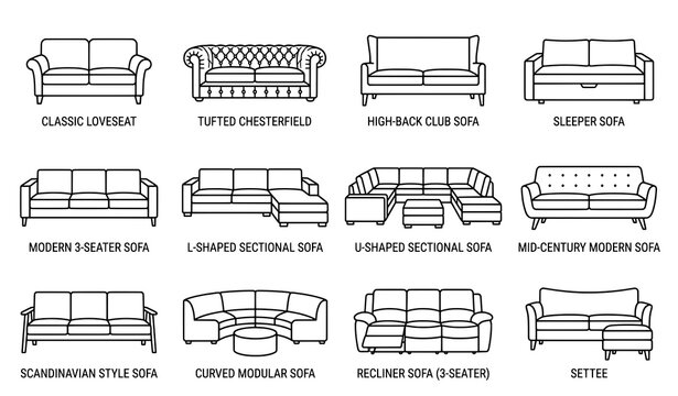 Variety of sofa styles and furniture types line art icons set with living room l shaped u shaped mid century