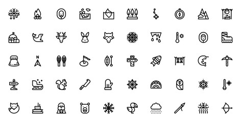 Arctic icon set. Minimal vector icons pack. Featuring defrost, bonfire, eskimo, whale, iceberg, landscape, polaris, compass, mountains, igloo, seal, wolf, snow, thermometer and more. Editable vector s © wang