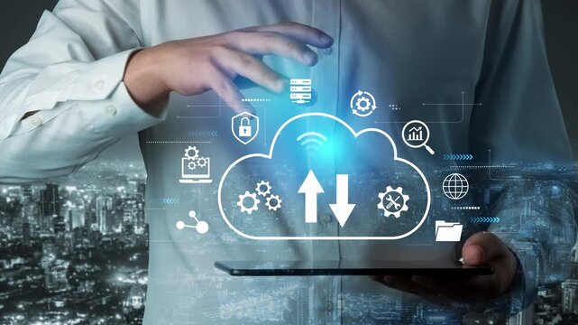 Businessman Using Modern Technology to Access Cloud Computing Data Solutions with Abstract Icons in a Night City Background. Entropy.