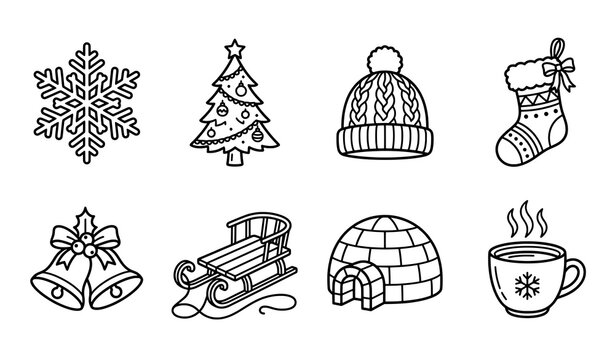 Set of eight festive christmas icons in simple continuous line art style with christmas holidays snowflake