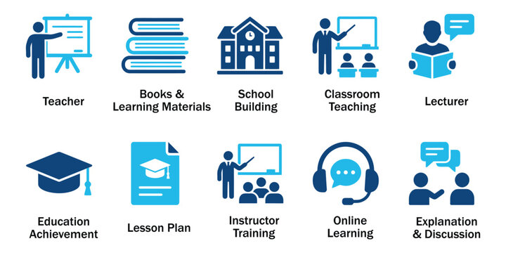Education solid icons and online school learning glyph elements. Vector illustration of flat blue corporate teacher classroom teaching lesson plan representing instructor training template.