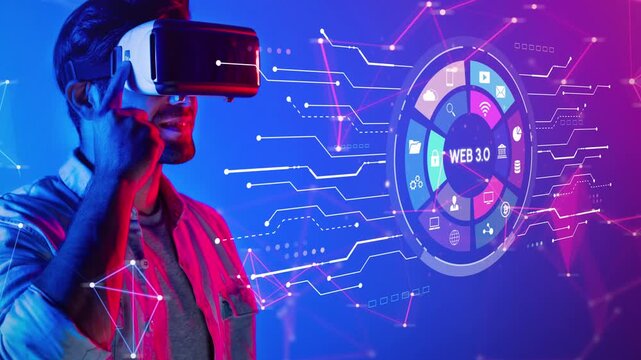 Man Engaged in Virtual Reality Experience with Web 3.0 Technology Background Illustrating Digital Future and Connectivity Concepts. Entropy.