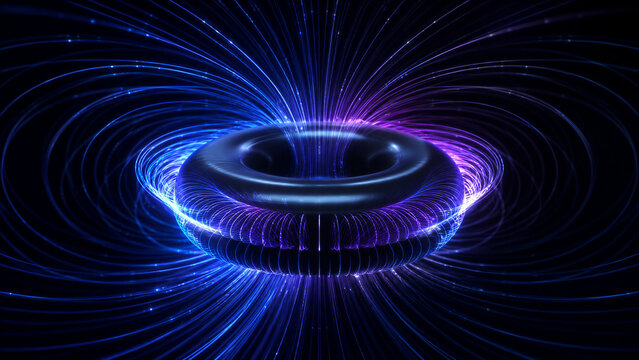 Electromagnetic toroidal field visualization with glowing blue and purple energy lines on dark background