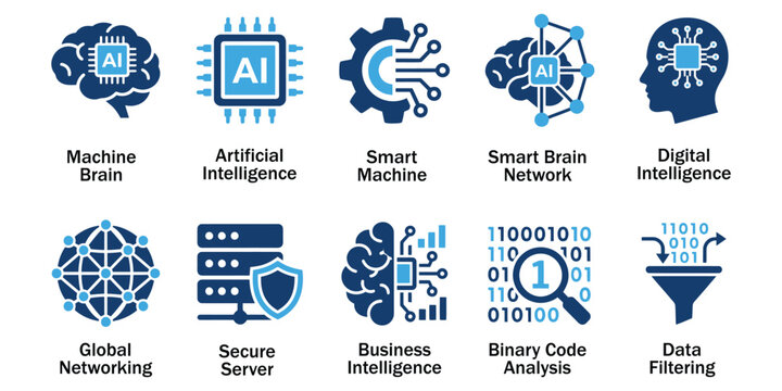 Artificial Intelligence Solid Icons and Data Analytics Elements. Vector Illustration of Flat Blue Corporate Machine Learning, Neural Network, Secure Server, and Binary Code Analysis Technology.