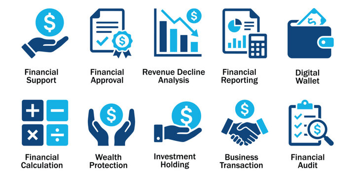 Professional Financial Accounting Solid Icons and Business Investment Elements. Vector Illustration of Corporate Financial Reporting, Digital Wallet, Revenue Decline Analysis, and Auditing.