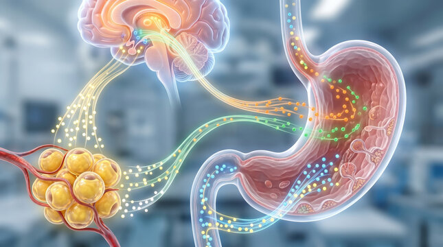 Stomach fat cell brain pathway biology concept with glowing neural signal connection in medical laboratory background showing digestive organ communication and science idea