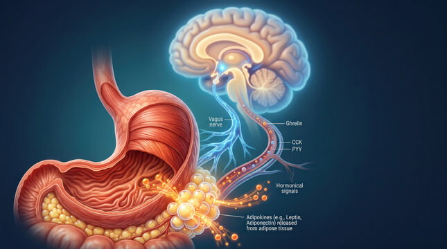 Stomach fat cells brain pathway vagus nerve hormone signal medical illustration shows neural connection between digestive organ and mind with glowing network connection and adipose tissue detail